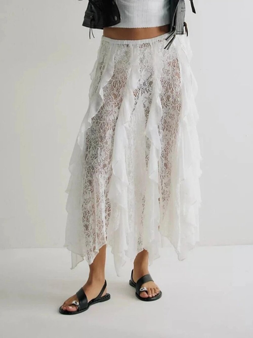 Free People Intimately Candy Calling Maxi Slip Skirt Ruffle Lace Sheer M 289942